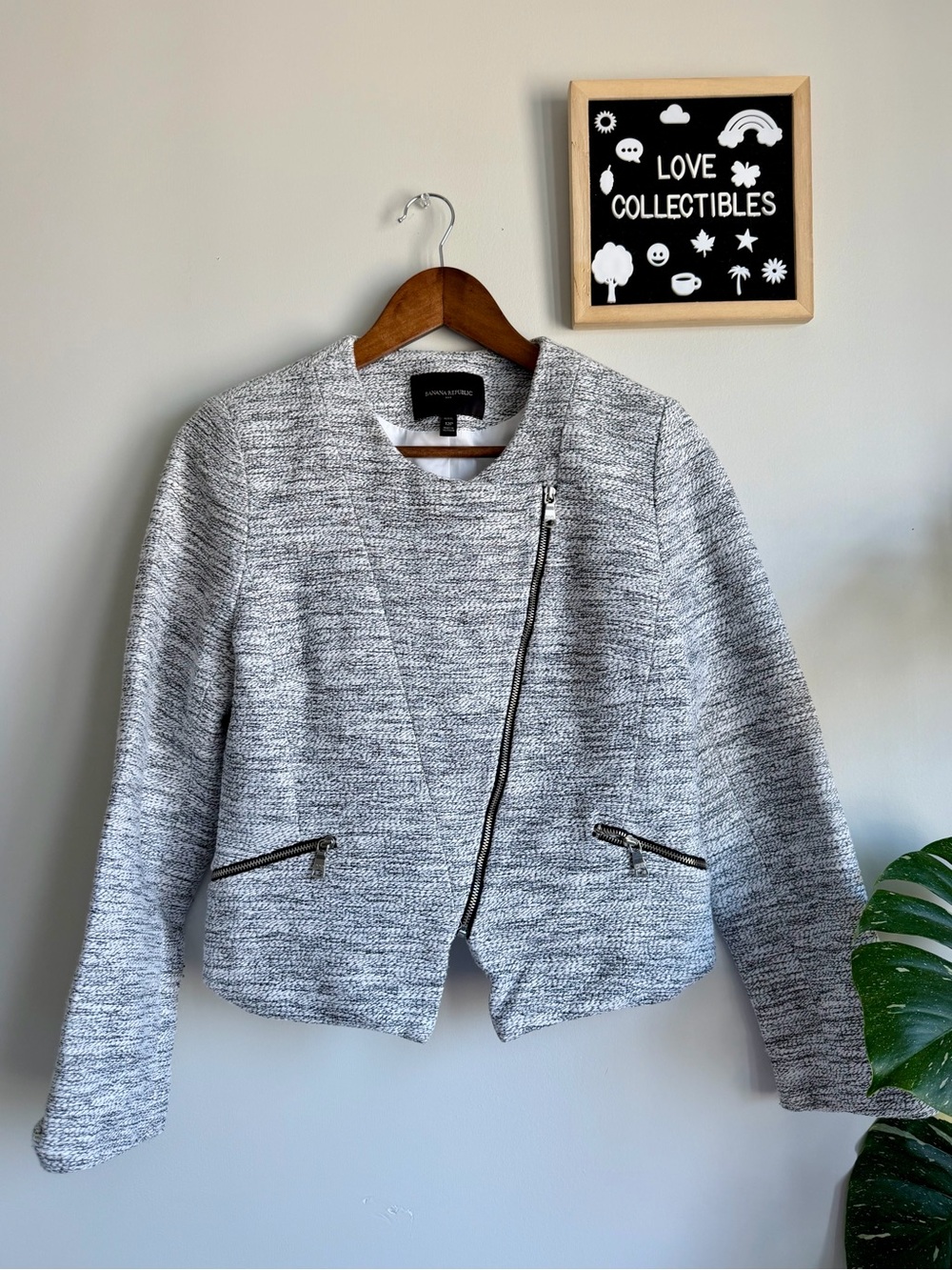 Banana Republic Textured Moto Jacket – Petite 12P – Black & White Tweed